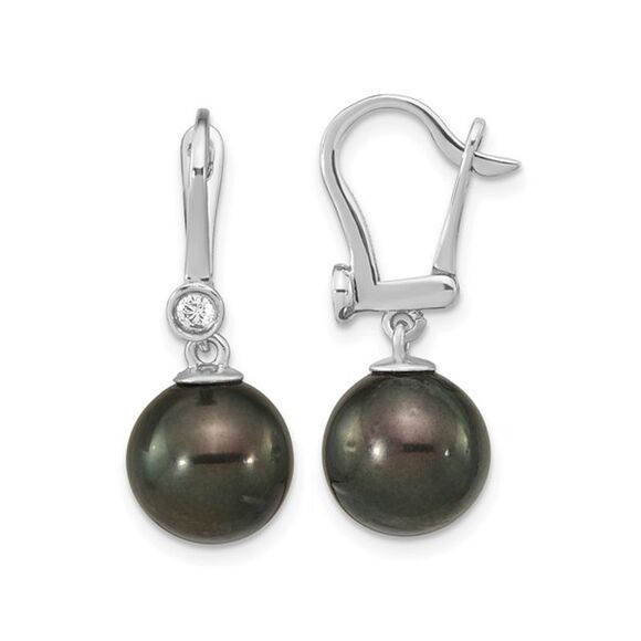Gem & Harmony Jewelry - 14K White Gold Black Saltwater Tahitian Dangle Pearl Earrings (9-10mm)